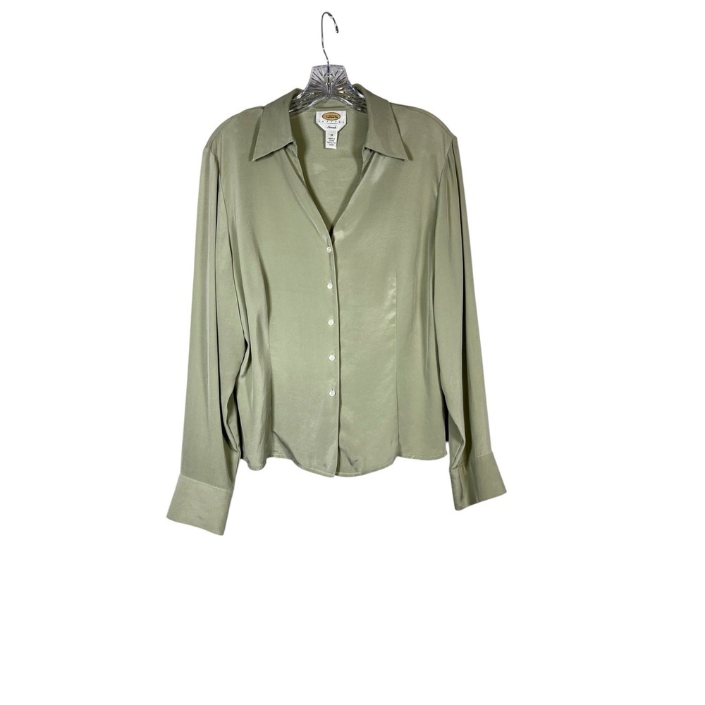 TALBOTS Sz 16 16P Blouse Stretch Silk Sage Green Button Up Shirt V-Neck Work